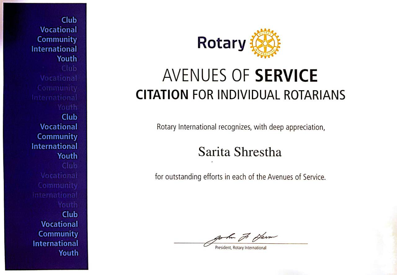 Citation Award for Rtn. Sarita Shrestha